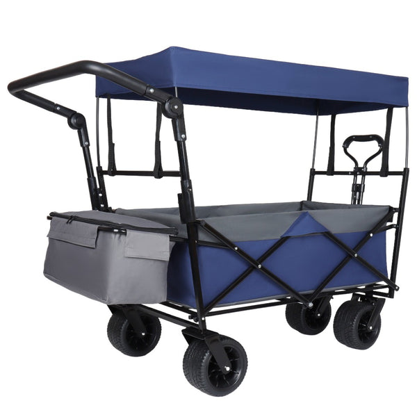 English Elm With Canopy and Steel Frame Collapsible Wagon All-terrain Heavy Duty Outdoor Cart Dark Blue W2932P326777