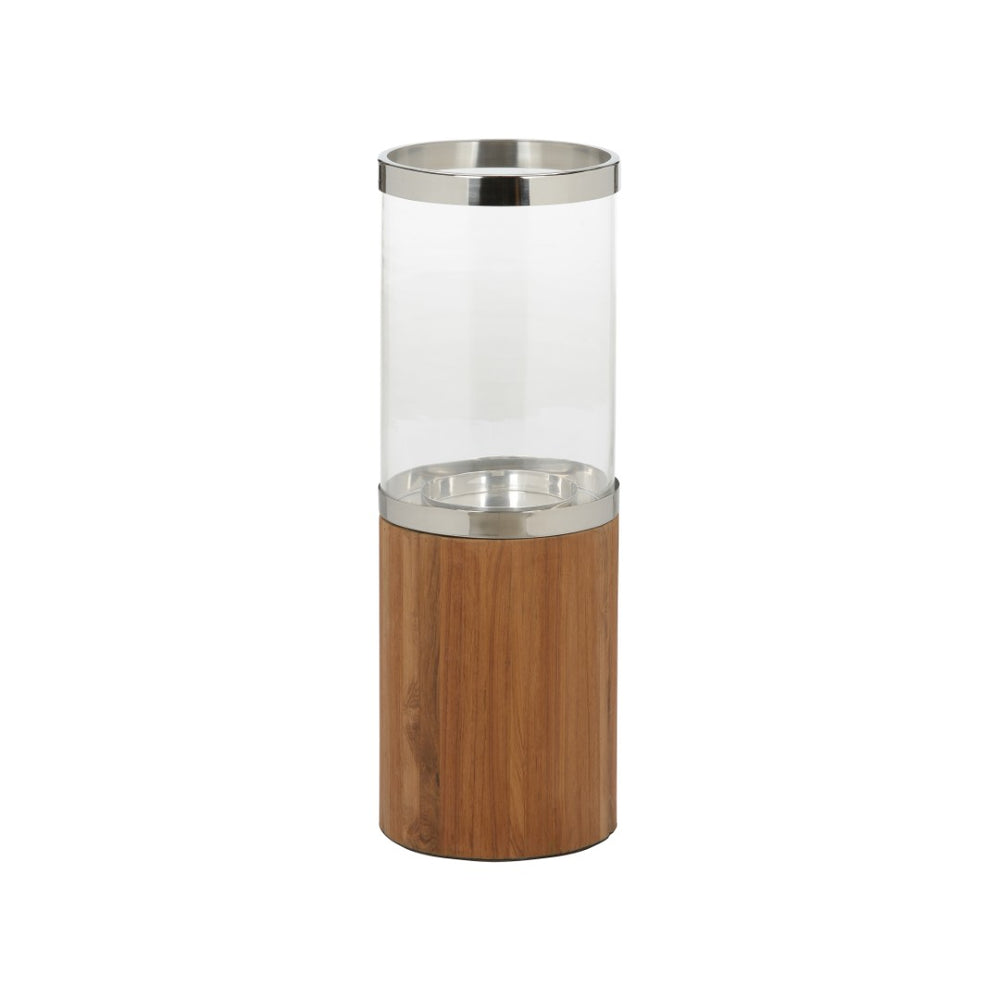 Wildwood Muskoka Teak Candle Holder With Clear Glass Cylinder And Polished Nickel Accents For Timeless Ambiance 27h x 9.5w x 9.5d 302773