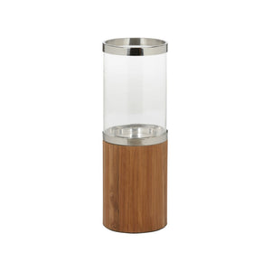 Wildwood Muskoka Teak Candle Holder With Clear Glass Cylinder And Polished Nickel Accents For Timeless Ambiance 27h x 9.5w x 9.5d 302773