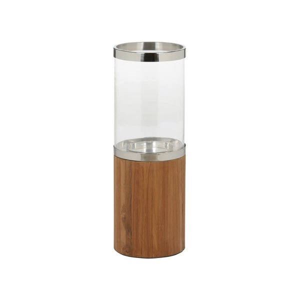 Wildwood Muskoka Teak Candle Holder With Clear Glass Cylinder And Polished Nickel Accents For Timeless Ambiance 27h x 9.5w x 9.5d 302773