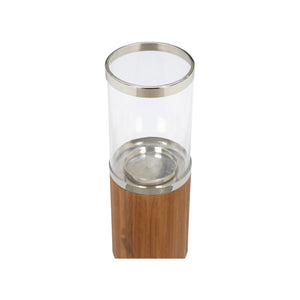 Wildwood Muskoka Teak Candle Holder With Clear Glass Cylinder And Polished Nickel Accents For Timeless Ambiance 27h x 9.5w x 9.5d 302773