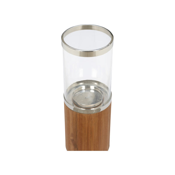 Wildwood Muskoka Teak Candle Holder With Clear Glass Cylinder And Polished Nickel Accents For Timeless Ambiance 27h x 9.5w x 9.5d 302773