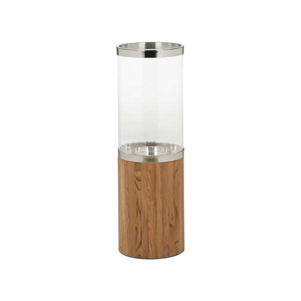 Wildwood Muskoka Teak Candle Holder With Clear Glass Cylinder And Polished Nickel Accents For Timeless Ambiance 32h x 10.25w x 10.25d 302774