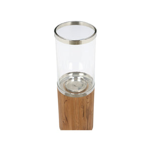 Wildwood Muskoka Teak Candle Holder With Clear Glass Cylinder And Polished Nickel Accents For Timeless Ambiance 32h x 10.25w x 10.25d 302774