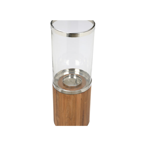 Wildwood Muskoka Teak Candle Holder With Clear Glass Cylinder And Polished Nickel Accents For Timeless Ambiance 36.5h x 30w x 30d 302775
