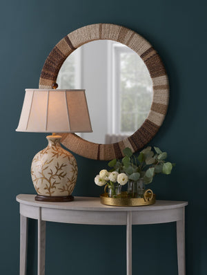 Wildwood Calusa Round Abaca Mirror With Warm Wood Frame — 33.5" Artisan Woven Accent For Coastal & Modern Homes 302776