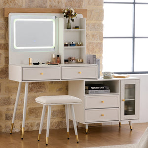 English Elm Modern Makeup Vanity Desk with LED 3-Color Mirror, Built-In Power Station, Sliding Cabinet, Stool White N844P288432A