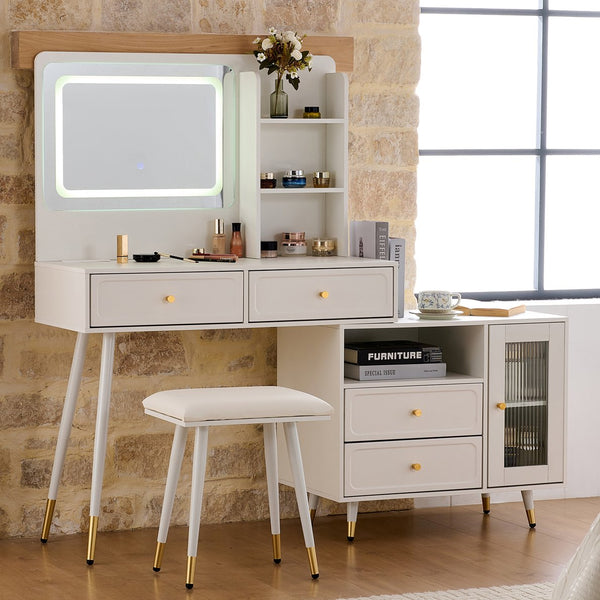 English Elm Modern Makeup Vanity Desk with LED 3-Color Mirror, Built-In Power Station, Sliding Cabinet, Stool White N844P288432A