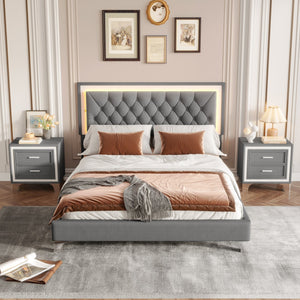 English Elm 3-Pieces Tufted Upholstered Platform Bed with Romantic LED Headboard and Two Storage Nightstands Gray 63.98 L x 23.23 W x 5.91 H N733S183659E