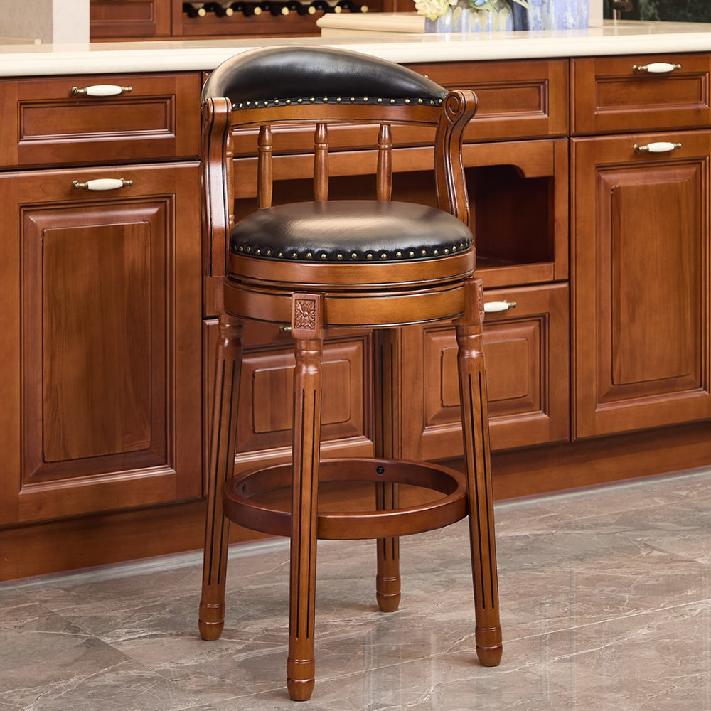 English Elm Seat 29.5" Cow-Top Leather Bar Stool With 360° Swivel, Contoured Back & Durable Wood Frame, Black W2195P331494-GIGA