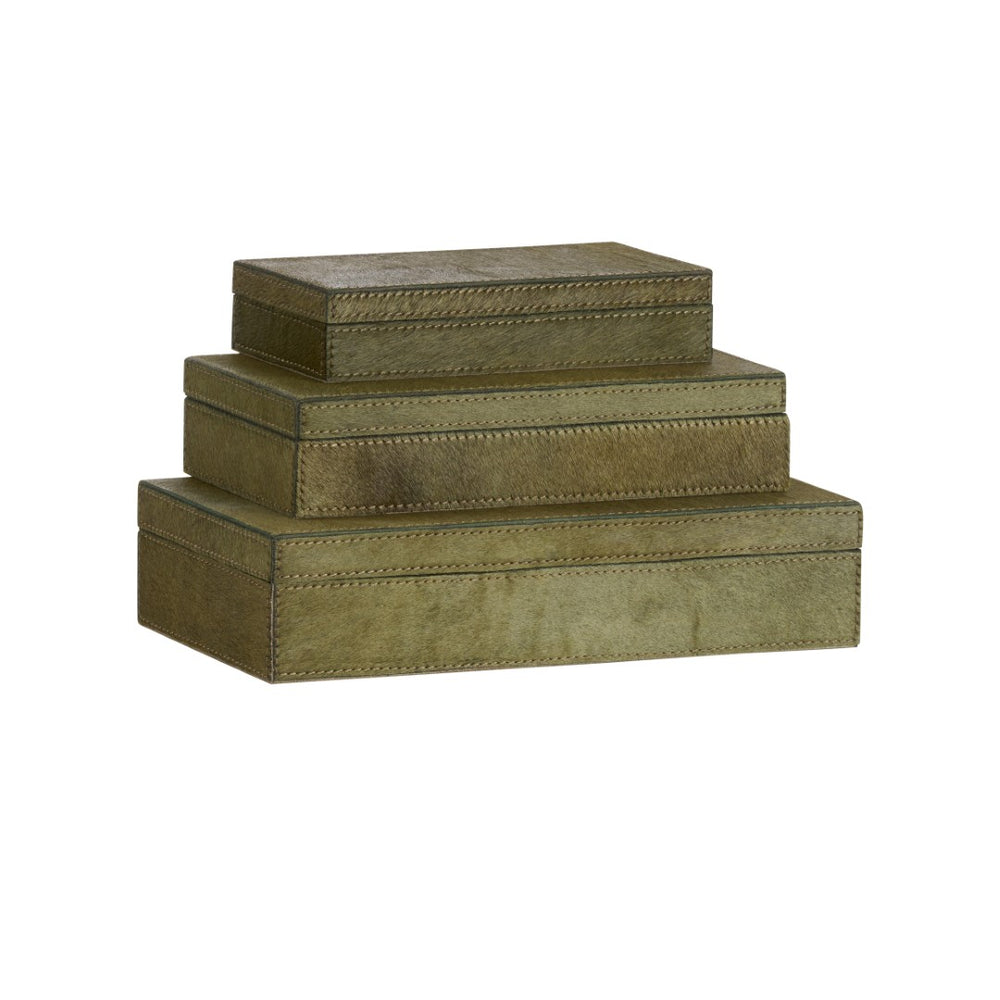 Wildwood Floyd Hair-On-Hide Boxes Set Of 3-Inches Luxe Green With Felt Lining, Hinged Lids For Stylish Storage And Decor 302824