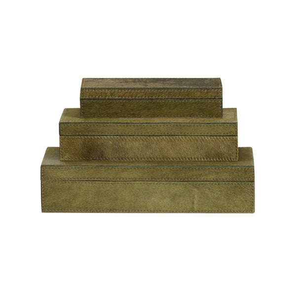 Wildwood Floyd Hair-On-Hide Boxes Set Of 3-Inches Luxe Green With Felt Lining, Hinged Lids For Stylish Storage And Decor 302824
