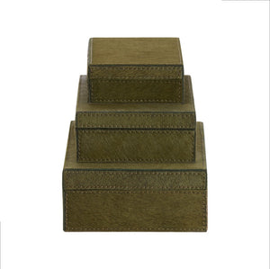 Wildwood Floyd Hair-On-Hide Boxes Set Of 3-Inches Luxe Green With Felt Lining, Hinged Lids For Stylish Storage And Decor 302824