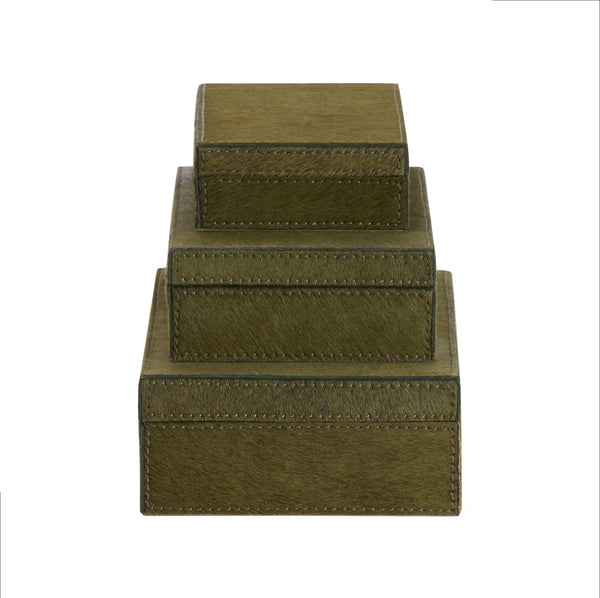 Wildwood Floyd Hair-On-Hide Boxes Set Of 3-Inches Luxe Green With Felt Lining, Hinged Lids For Stylish Storage And Decor 302824