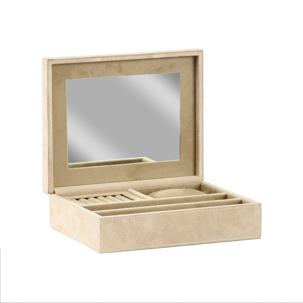 Wildwood Harrison Cream Suede Jewelry Box With Mirrored Lid, Compact 3"×10"×8" Organizer For Rings, Necklaces, Gifts 302826