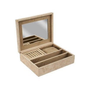 Wildwood Harrison Cream Suede Jewelry Box With Mirrored Lid, Compact 3"×10"×8" Organizer For Rings, Necklaces, Gifts 302826