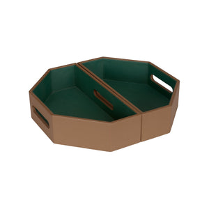 Wildwood Burke Brown Leather Tray Set With Green Interior — Nested Two-Piece Geometric Serving & Storage 302829