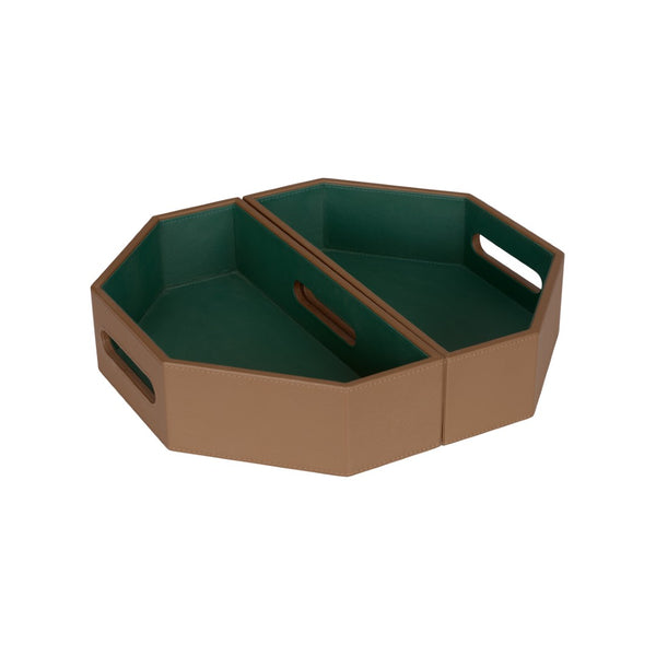 Wildwood Burke Brown Leather Tray Set With Green Interior — Nested Two-Piece Geometric Serving & Storage 302829