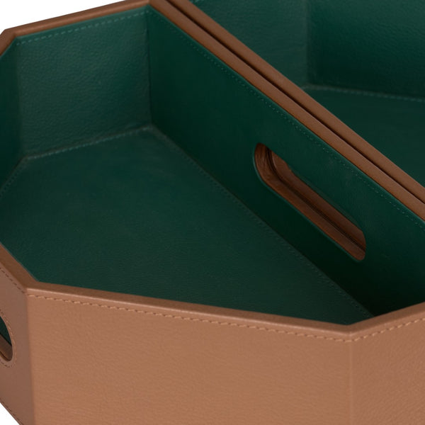 Wildwood Burke Brown Leather Tray Set With Green Interior — Nested Two-Piece Geometric Serving & Storage 302829