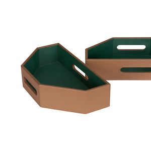Wildwood Burke Brown Leather Tray Set With Green Interior — Nested Two-Piece Geometric Serving & Storage 302829