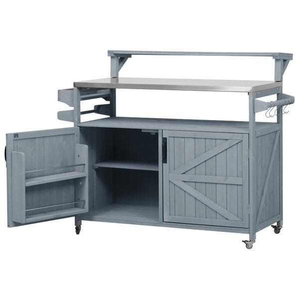 English Elm K&K 53.3" Outdoor Kitchen Island with 1.2" Stainless Top, Spacious Storage, Raised Shelf, Wheels Grey+Blue N707P250628G