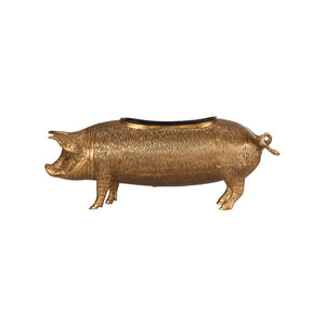 Wildwood Wilbur Antique Brass Pig Planter — Whimsical Metal Catchall For Succulents, Shelves, Mantels, Desk Decor 302892