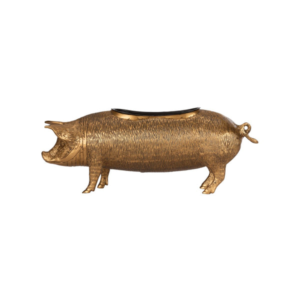 Wildwood Wilbur Antique Brass Pig Planter — Whimsical Metal Catchall For Succulents, Shelves, Mantels, Desk Decor 302892