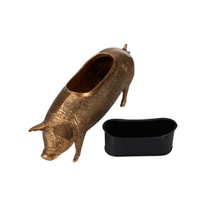 Wildwood Wilbur Antique Brass Pig Planter — Whimsical Metal Catchall For Succulents, Shelves, Mantels, Desk Decor 302892