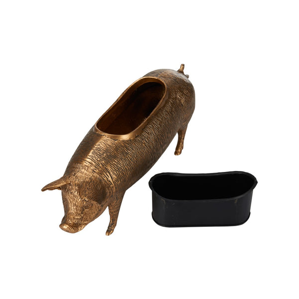 Wildwood Wilbur Antique Brass Pig Planter — Whimsical Metal Catchall For Succulents, Shelves, Mantels, Desk Decor 302892