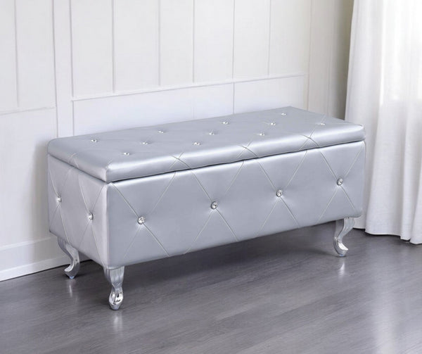 Homeroots 38" Silver Faux Leather Storage Bench With Flip Top Silver Solid Wood 302893
