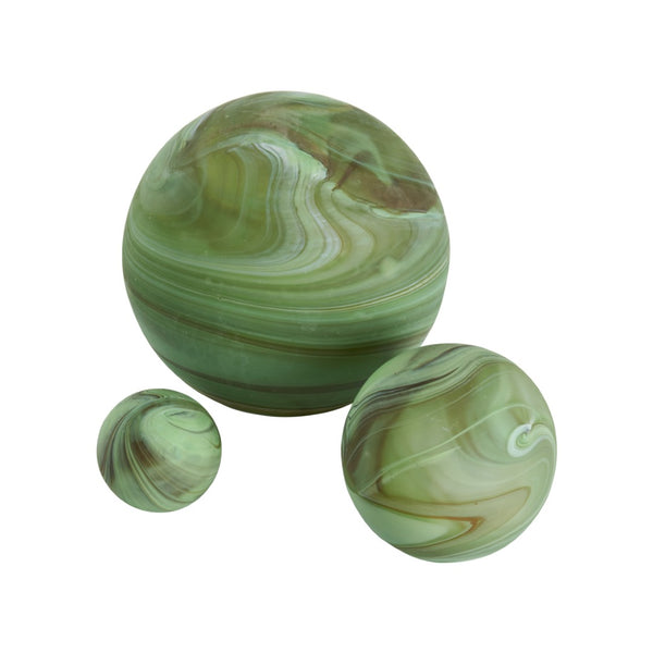 Wildwood Cleo Hand-Blown Glass Orbs Set Of Three — Glossy Green & Earthy Swirl Accents For Tabletop Decor 302905