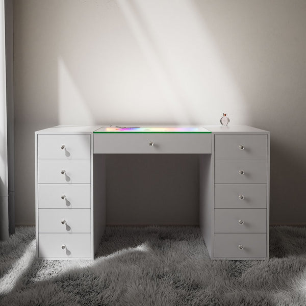 English Elm 51.2" Vanity Desk Modern Glass Top with RGB Strip, 11 Drawers, Smart Touch, 6-Mode LED Ambiance W3660S00002