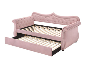 English Elm Adkins Pink Velvet Upholstered Daybed with Trundle Twin, Button-Tufted, Nailhead Trim, 330lb Capacity B2726S00407