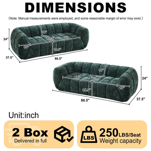English Elm Chenille Cloud Sofa with Quilted Seat and Piano Key Backrest for Modern Living Rooms Green W834S00636