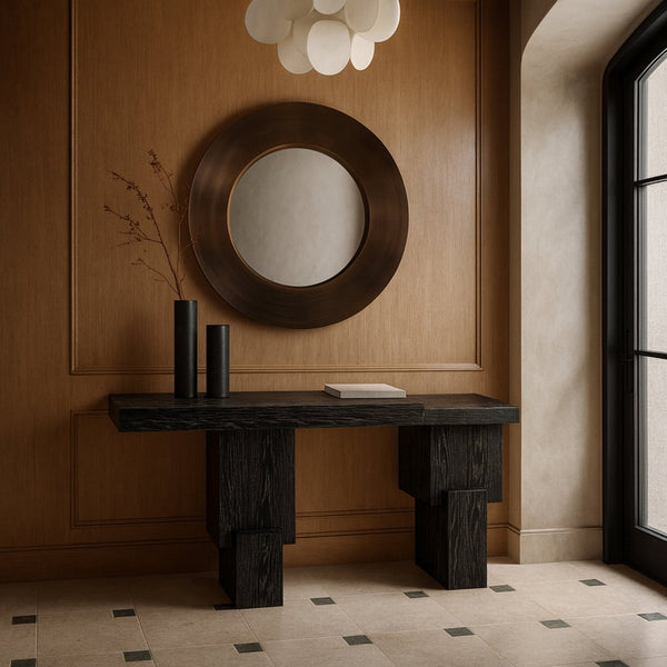 Meridian Furniture Anzio Oak Veneer Solid Wood Console Table with Grooved Detail for Entryway or Living Room Black 302Black-T