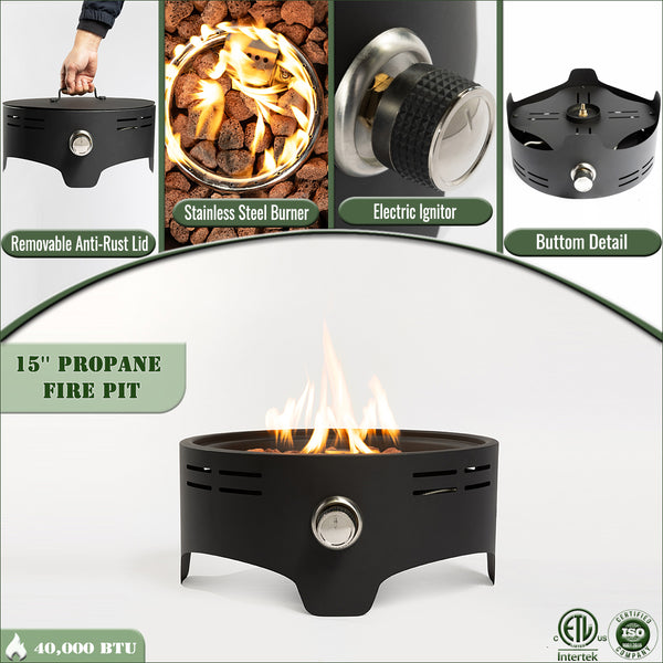 English Elm 15" Propane Tabletop Fire Pit 40,000BTU Steel Round with Lava Rocks, Quick-Connect Regulator & Lid W853P232639