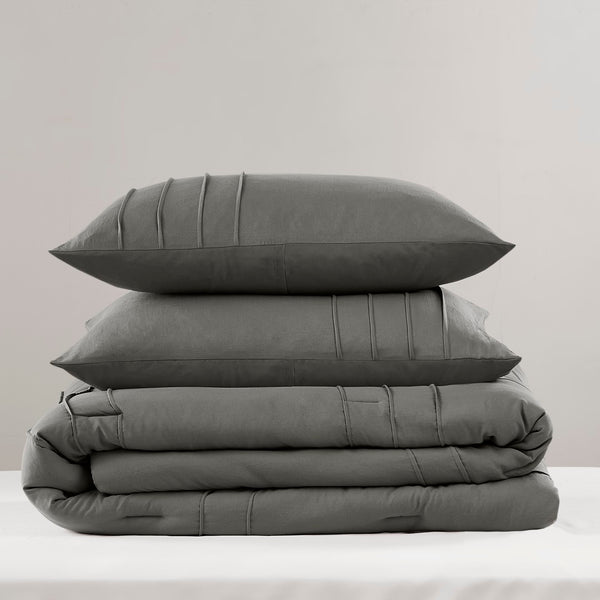 English Elm 3-piece Cal King Pintuck Pleated Microfiber Comforter Set Soft Washed Tailored Bedding Grey B035P463228