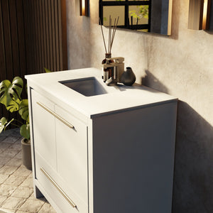 English Elm White Single Bath Vanity 36" W x 20" D with White Quartz Top, Gun Metal Faucet & 28" Mirror, Durable B2731S02077