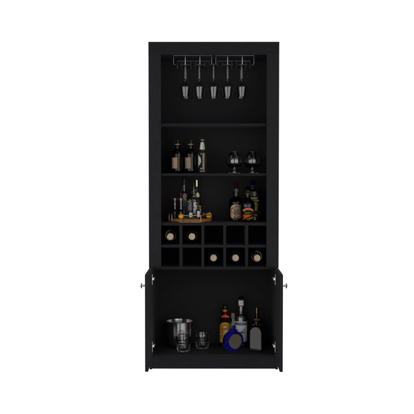 English Elm Nero 74-Inch Tall Bar Cabinet with 10-Bottle Cubbies, 16 Stemware Slots, 4 Shelves, Black B070P188833