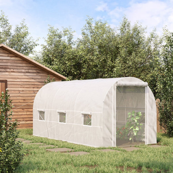 English Elm Outsunny 15' X 7' Walk-In Tunnel Greenhouse Kit With Steel Frame, 6 Windows & Roll-Up Door For Year-Round Gardening W2225P174449-GIGA