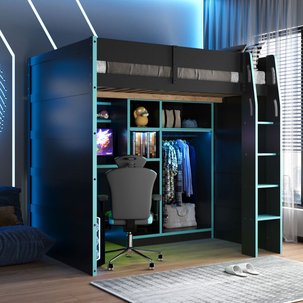 English Elm Full Size Loft Bed with Rgb Lighting Desk Open Wardrobe and Storage for Gaming Rooms Blue LT000277AAC