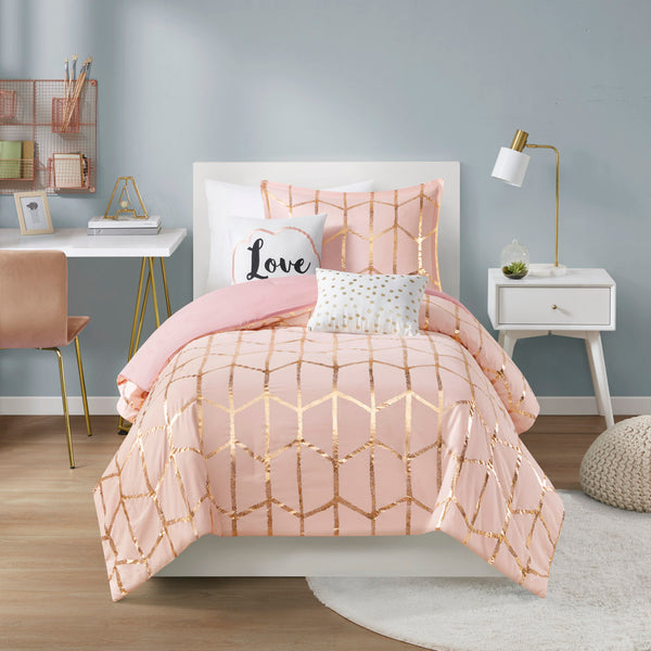 JLA Home Intelligent Design - Metallic Raina Comforter Set with Geometric Metallic Print, Embroidered Pillows & Antimicrobial Finish Blush/Gold ID10-1246