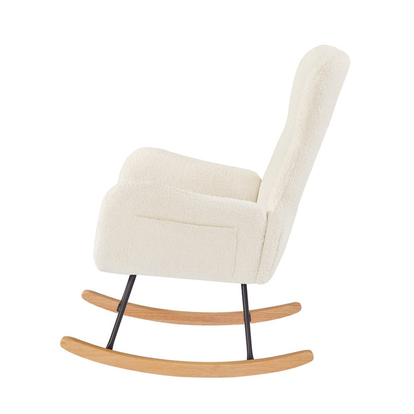 English Elm Beige Teddy Fabric Rocking Armchair with High Back for Nursery or Living Room W3985P400394