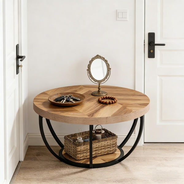 English Elm 2-tier Round Coffee Table Engineered Wood Top Arc Steel Legs Living Room Accent Wood T3971P453291