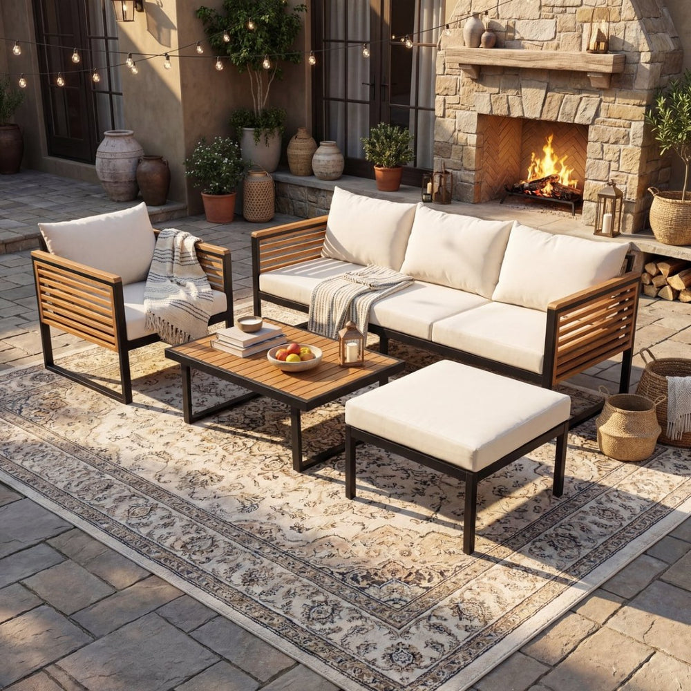 English Elm Outdoor Acacia Wood Iron Pipe Patio Set with Sofa Chair Ottoman and Table N757S454896B