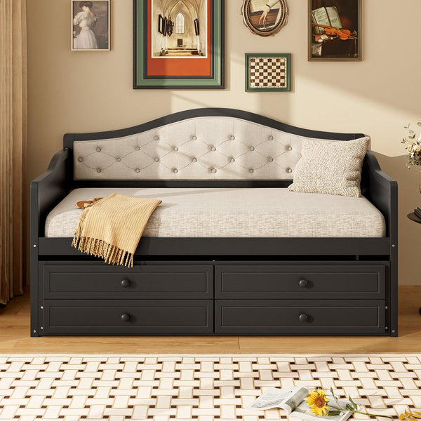 English Elm Twin Daybed with Trundle and 2 Storage Drawers, Upholstered Button-Tufted Sofa Bed for Guest Room Comfort and Organization Black 45.25 L x 19 W x 8 H N733S346767P