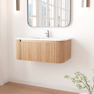 English Elm Arcora Floating Bathroom Vanity Slatted Wood Front Carrara Marble Ceramic Sink Modern W3235S00008