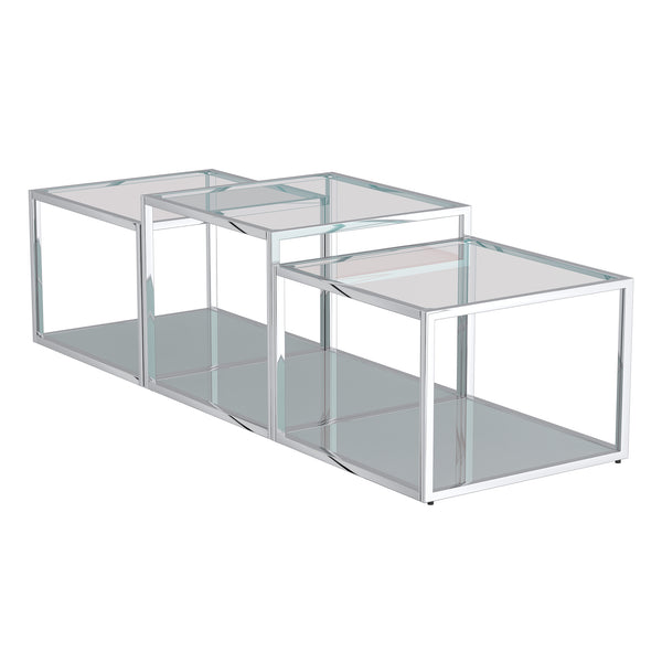 Worldwide Home Furnishings Casini-3pc Contemporary Modular Coffee Table Set For Creative Layouts In Any Living Space Silver Metal,Glass 303-632ch-3