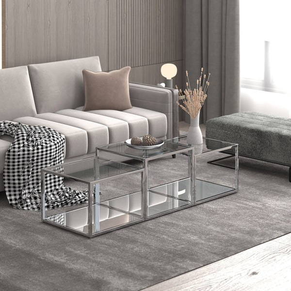 Worldwide Home Furnishings Casini-3pc Contemporary Modular Coffee Table Set For Creative Layouts In Any Living Space Silver Metal,Glass 303-632ch-3