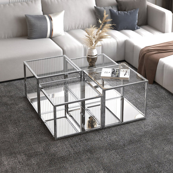 Worldwide Home Furnishings Casini-4pc Contemporary Modular Table Set For Creative Layouts And Perfect Space Fit Silver Metal,Glass 303-632ch-4